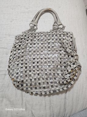 Woven Stud-Trim Hobo Bag in Light Silver
